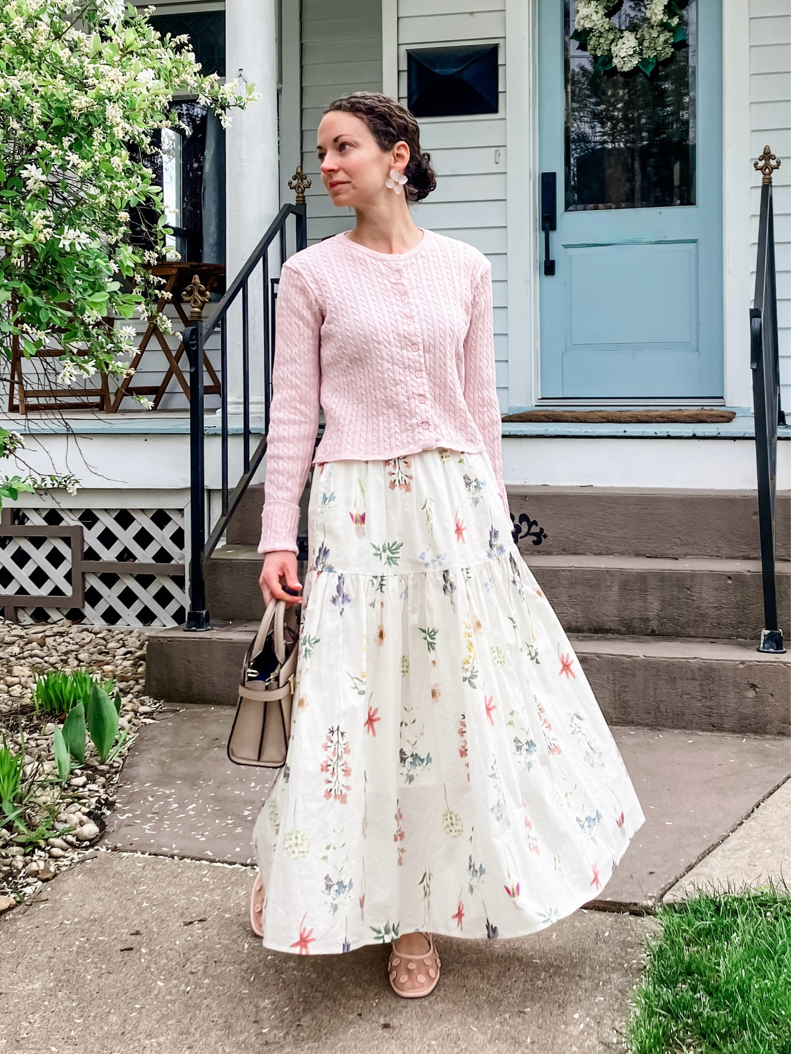 A pink and white cotton church  outfit for spring!
Pink cropped cable knit cardigan is from a local boutique, linking similar. 
White floral cotton skirt from @Chicwish 
Large floral earrings are old, linking similar. 
Leather handbag from Le Tanneur. 
Pink mesh ballet flats are old from Coach, linking similar. 
Petite outfit. Spring outfit. Preppy outfit. Classic outfit. 

#LTKOver40 #LTKMothersDay #LTKmomlife
