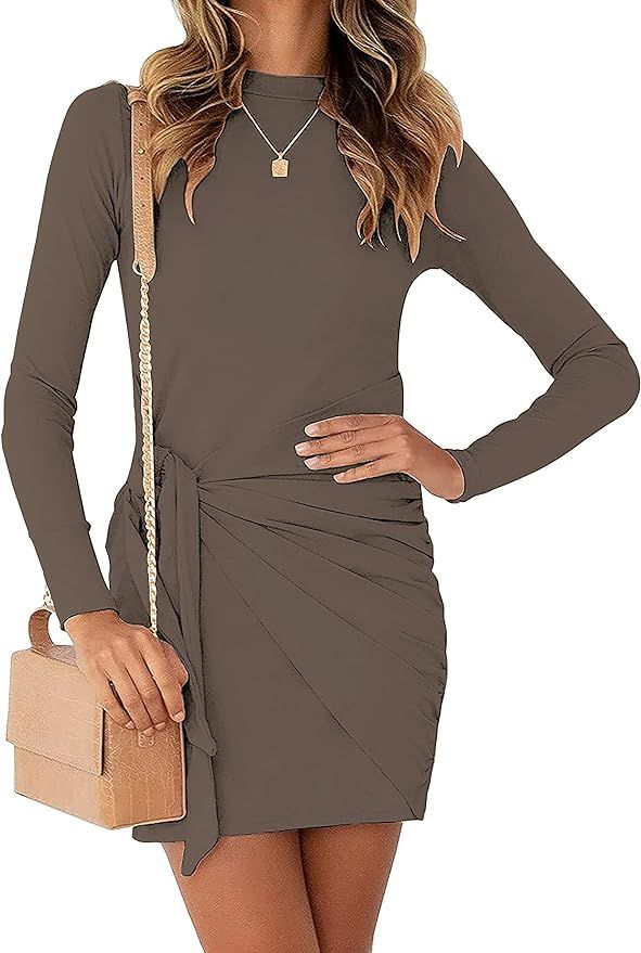 BTFBM Women Casual Crew Neck Long Sleeve Dresses Solid Color Slim Fit Tie Waist Ruched Bodycon Sh... | Amazon (US)