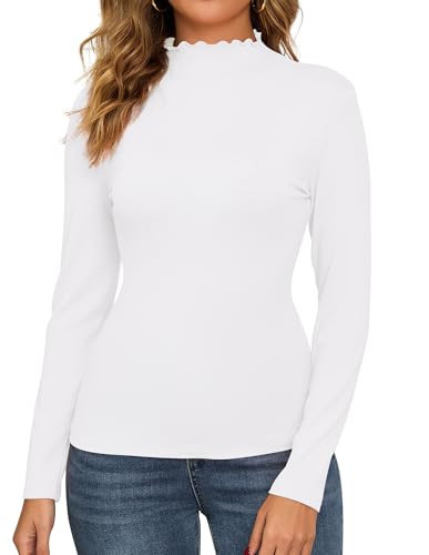 White Long Sleeve Tops for Women Slim Fit Mock Neck Tee Shirt with Lettuce Trim Elegant Style for Fall Clothes Outfits 2025 White Medium | Amazon (US)