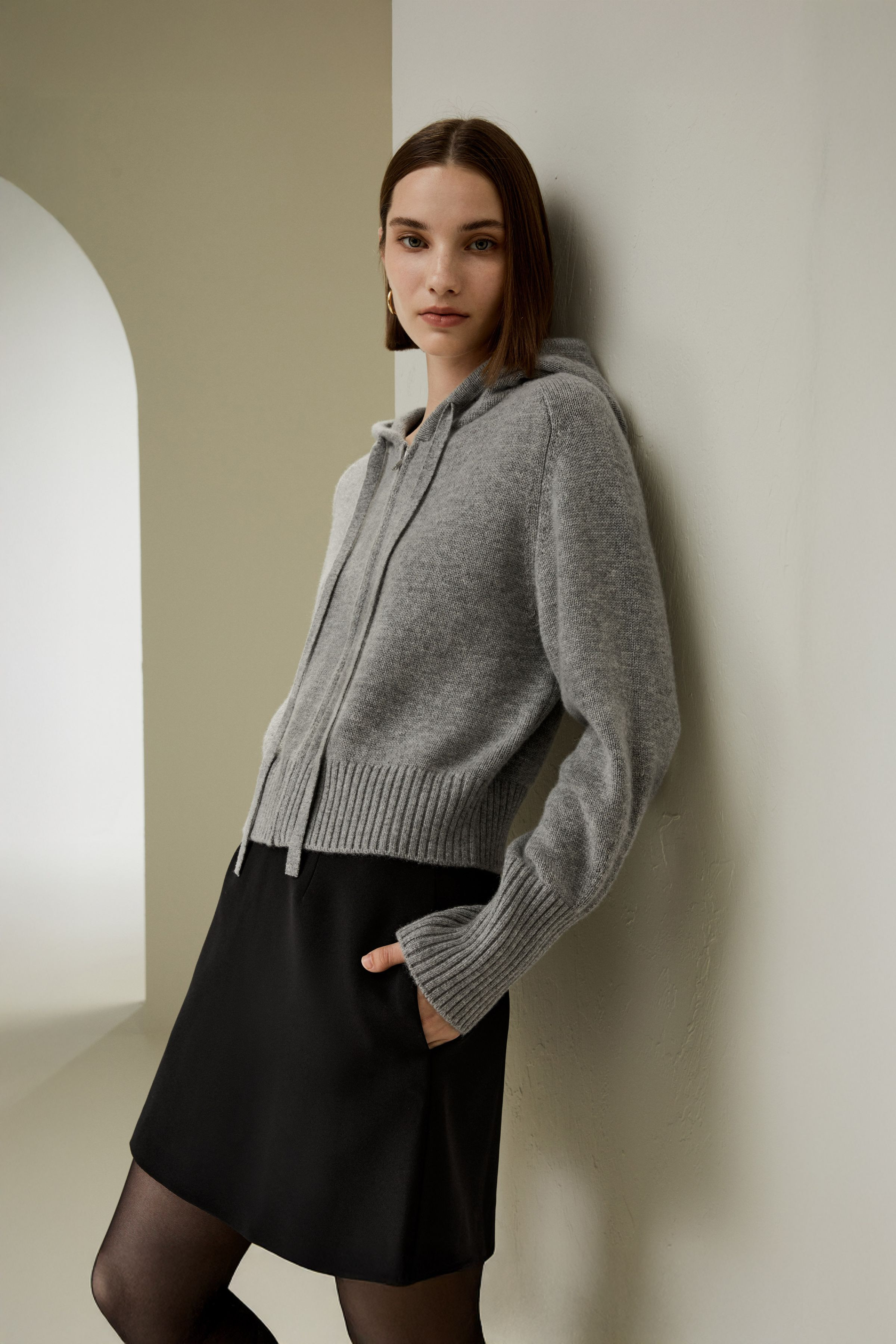 Short Zip-Up Wool Cashmere Hoodie | LILYSILK