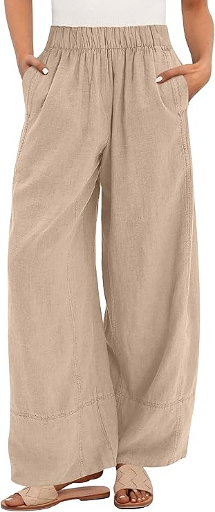 ANRABESS Women's Wide Leg Linen Pants Summer Boho Casual Elastic Waist Long Lounge Travel Pants T... | Amazon (US)