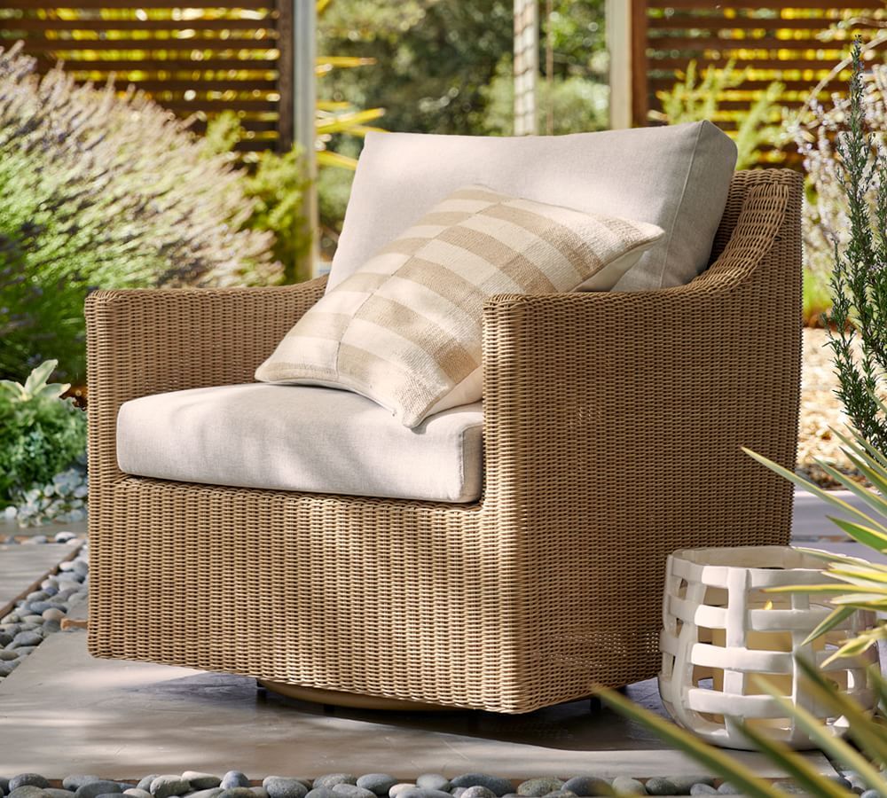 Hampton Indoor/Outdoor All-Weather Wicker Swivel Lounge Chair, Natural | Pottery Barn (US)