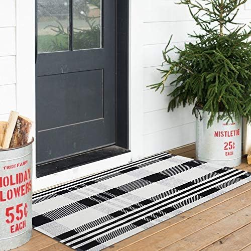 Plaid Black White Outdoor Buffalo Rug Runner Door Mats, Kitchen Check Layered Welcome Cotton Rug ... | Amazon (US)