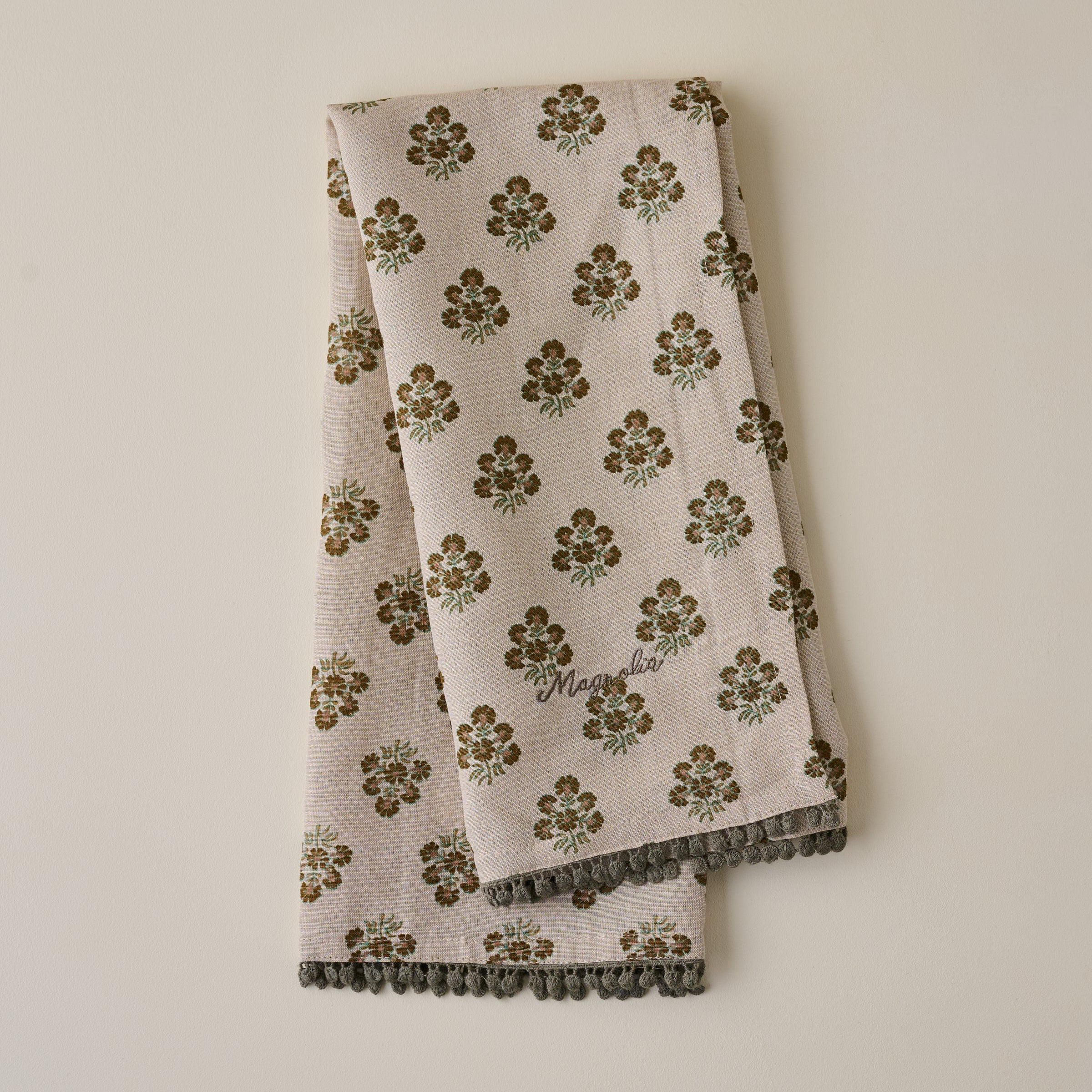 Magnolia Oatmeal Block Printed Tea Towel | Magnolia