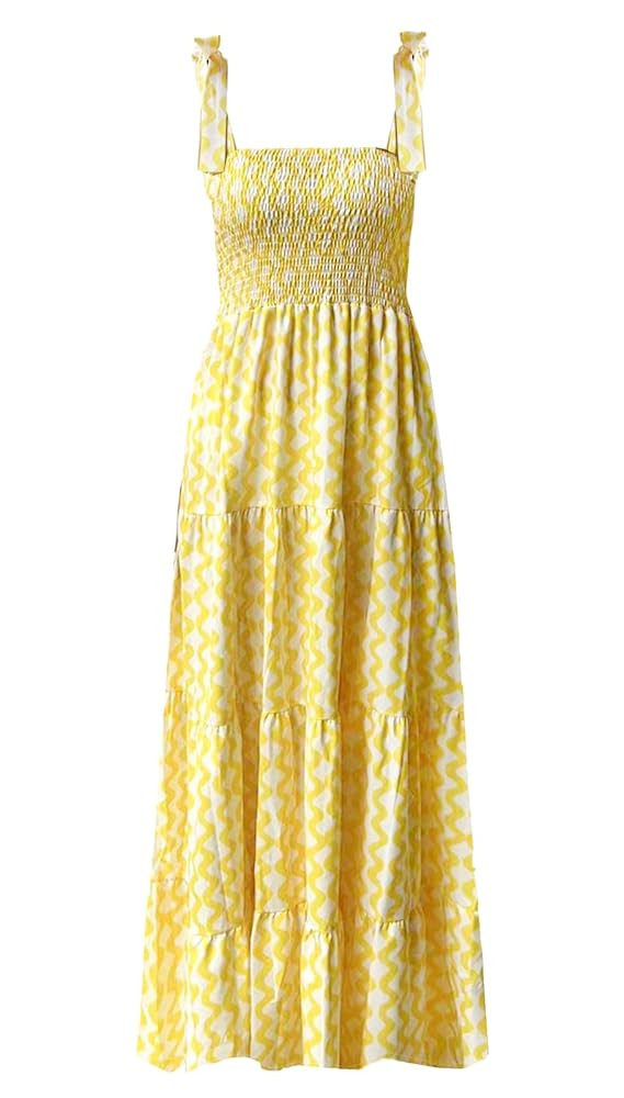 kinstell Women's Summer Boho Spaghetti Strap Square Neck Ruffle Casual Flowy Long Dress Beach Swi... | Amazon (US)