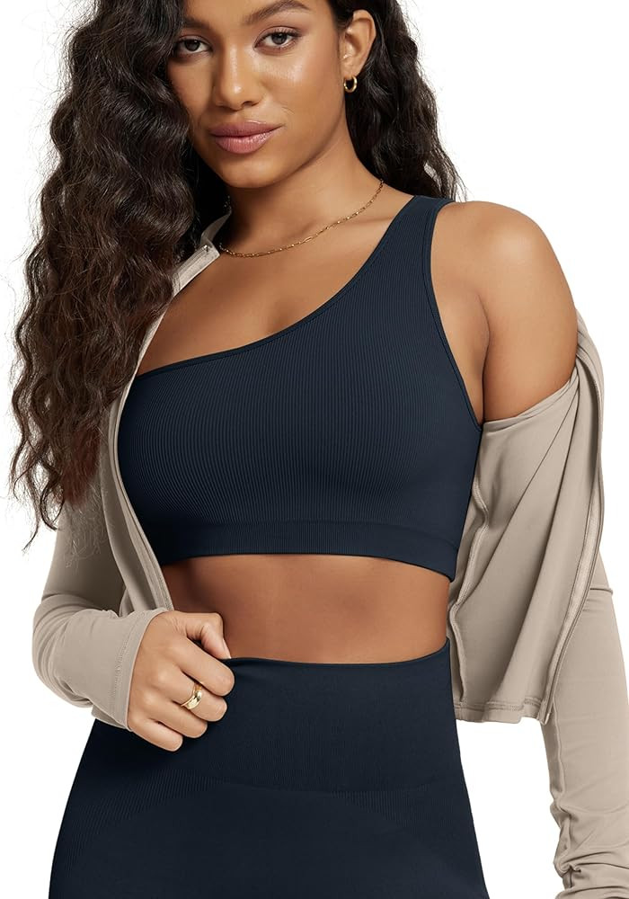ODODOS Seamless One Shoulder Sports Bra for Women Ribbed Asymmetrical Non Padded Yoga Crop Tank T... | Amazon (US)
