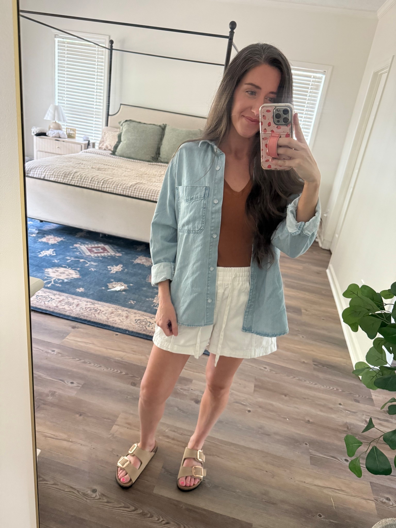 Love this casual outfit from Target! The quality of this denim button down & shorts is SO good, such nice thick material. Wearing my fave cushionaire sandals from Amazon! All TTS 🧡 wearing medium in button up, shirt, and shorts! I’m 5’5, 135lbs 

#LTKSeasonal #LTKFindsUnder50 #LTKStyleTip