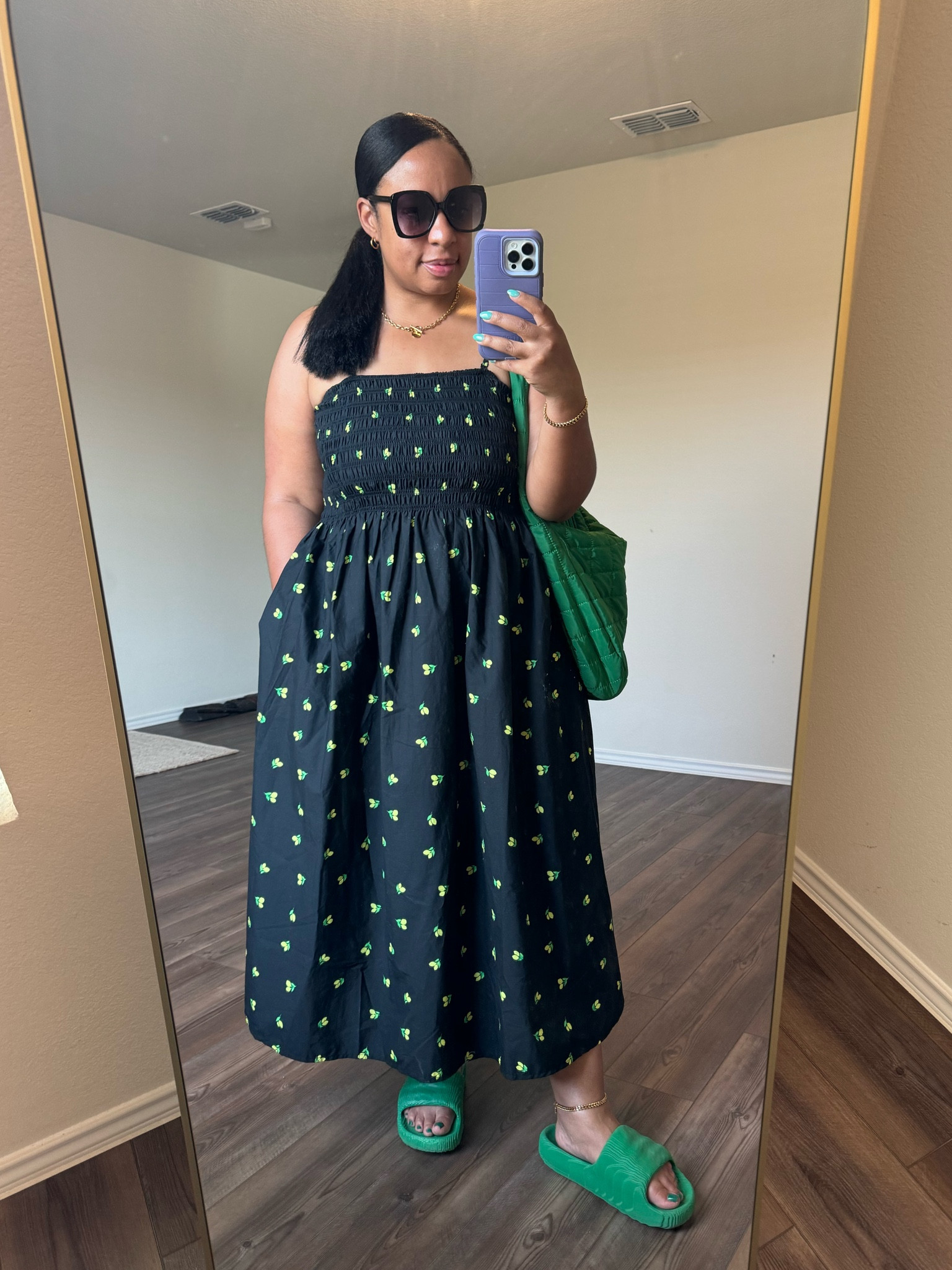 Midi Sundress, Adidas slides, quilted tote bag, oversized sunglassess

#LTKFindsUnder100 #LTKSaleAlert #LTKMidsize