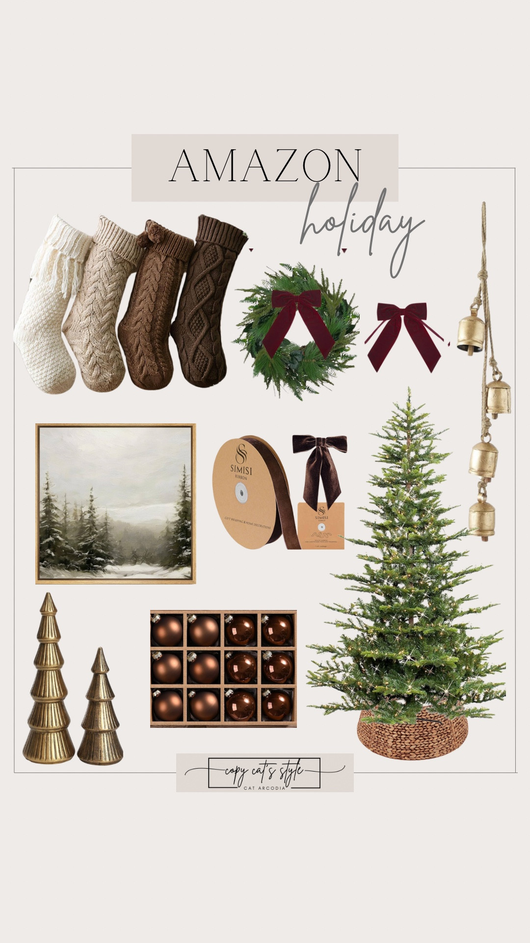 Amazon holiday, Christmas decor, wreaths, holiday welcome mats, artificial Christmas tree, holiday framed art, hanging metal jingle bells, brown velvet ribbon, burgundy velvet bows, wooden Christmas trees, brown glass Christmas ball ornaments, Christmas tree collar, neutral knitted Christmas stockings 

#LTKHoliday #LTKSeasonal #LTKFindsUnder50