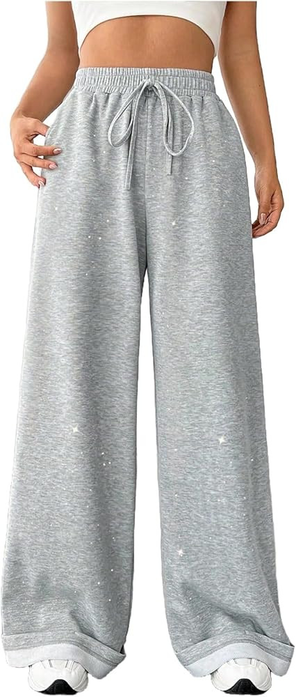 Floerns Women's Causal Drawstring High Waist Baggy Straight Wide Leg Sweatpants with Pockets | Amazon (US)