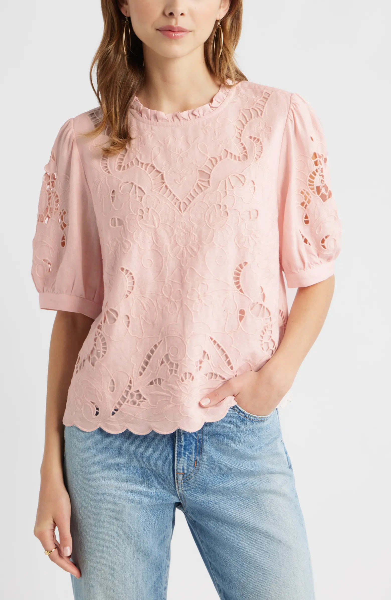 Embroidered Cutwork Puff Sleeve Linen Blend Top | Nordstrom