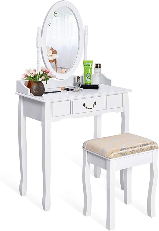 Giantex White Vanity Table Set with Stool, Dressing Table for Girls Women Mirror Makeup Table Des... | Amazon (US)
