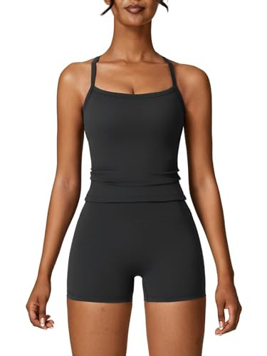 ABOCIW Workout Sets for Women 2 Piece Yoga Outfits Padded Sports Bra Tank Top High Waist Booty Gym Shorts Active Wear Black Medium | Amazon (US)
