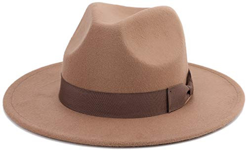 Besoogii Classic Wide Brim Women Men Fedora Hat with Belt Buckle Felt Panama Hat (Bowknot-Brown) | Amazon (US)