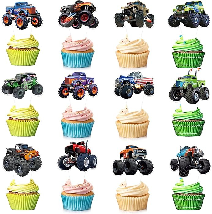 24 PCS Monster Truck Cupcake Toppers Truck Car Theme Birthday Party Decorations Racing Car Theme ... | Amazon (US)