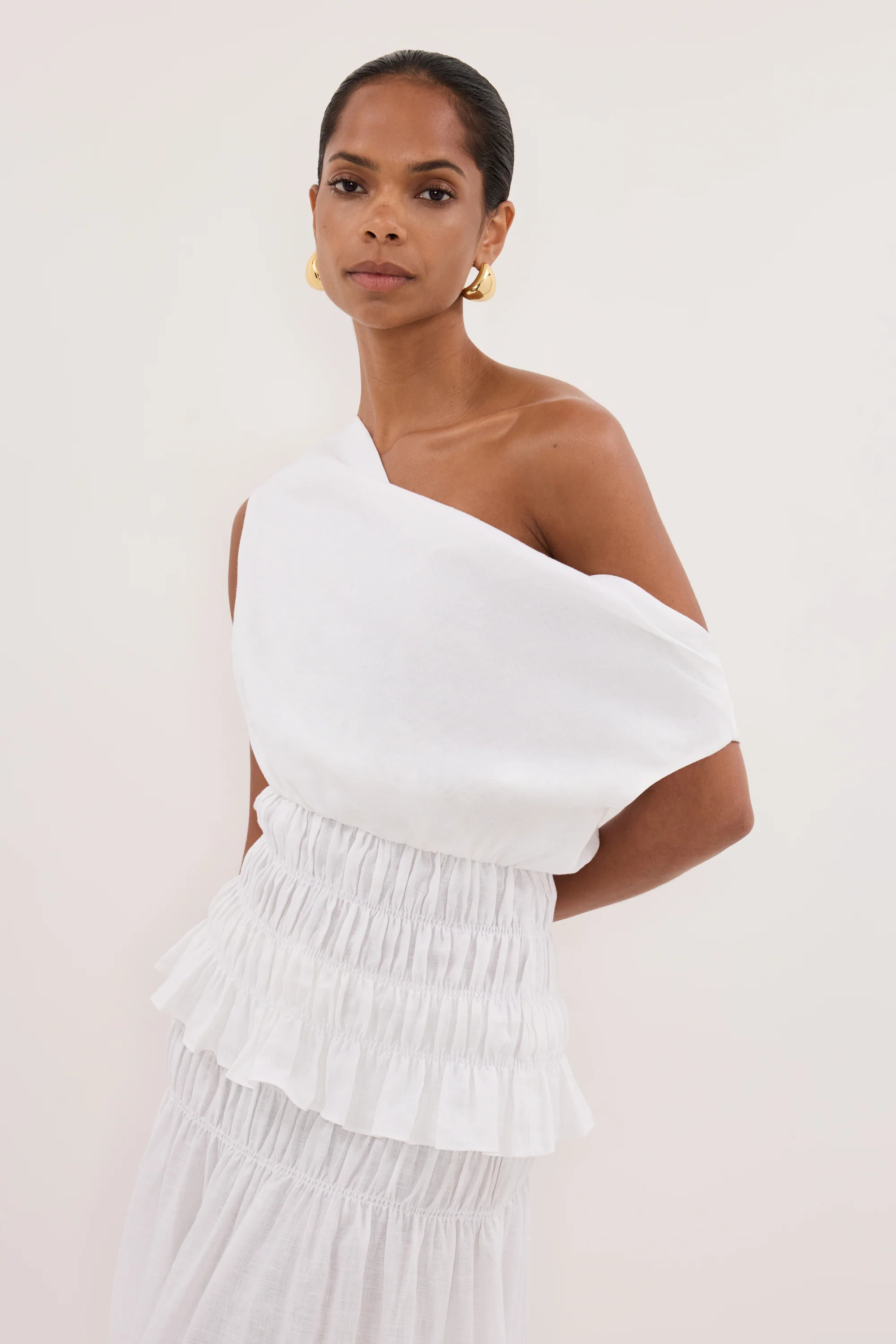 MAIA WHITE LINEN SHIRRED TOP | DISSH