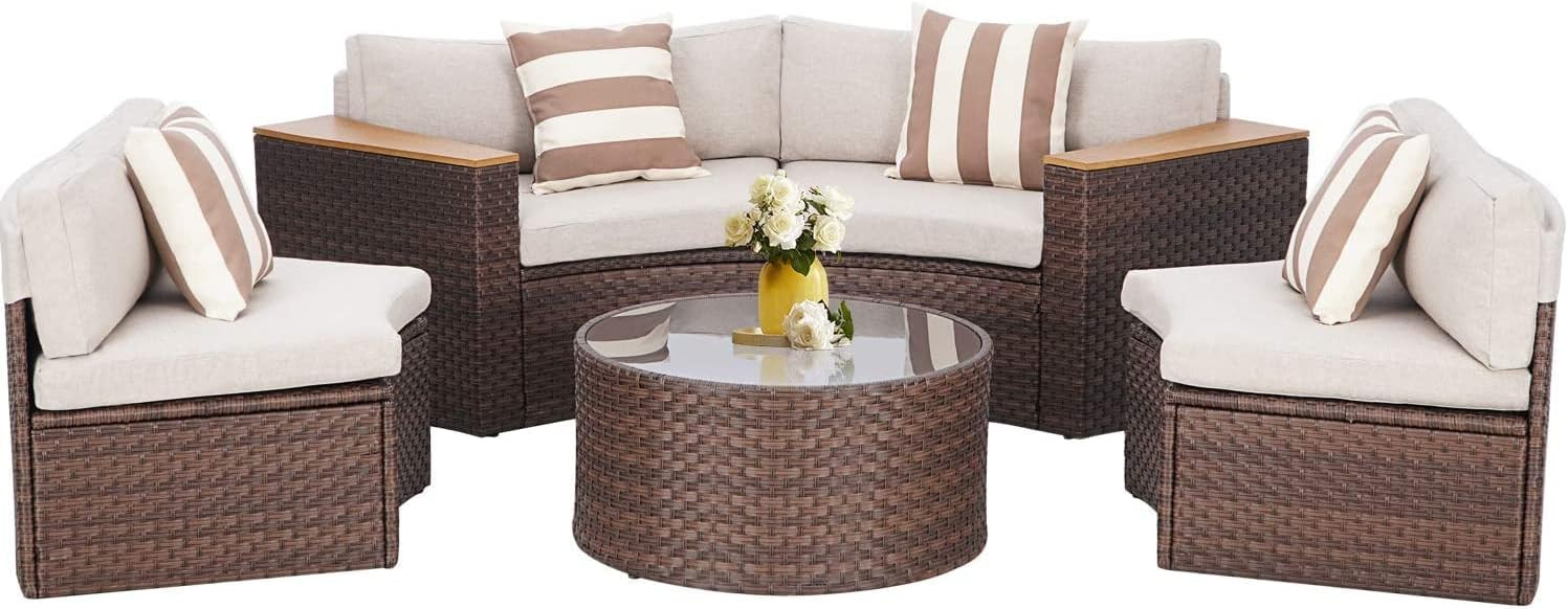 SOLAURA 5-Piece Patio Sectional Furniture Set Half-Moon Patio Set Brown Wicker Curved Outdoor Sof... | Amazon (US)