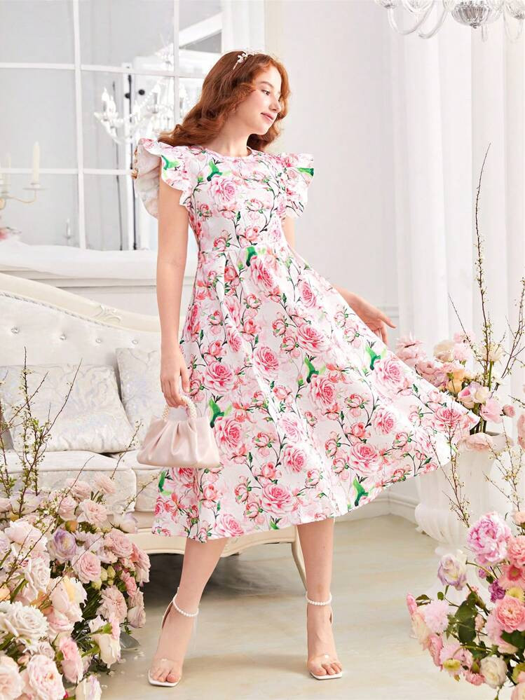 SHEIN Teen Girls' Knit Texture & Jacquard Floral Printed Flying Sleeve A-Line Dress | SHEIN