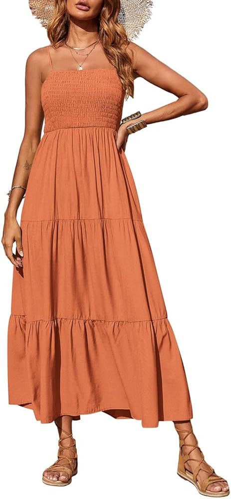 PRETTYGARDEN Women's Summer Maxi Dress 2026 Casual Boho Sleeveless Spaghetti Strap Smocked Tiered... | Amazon (US)