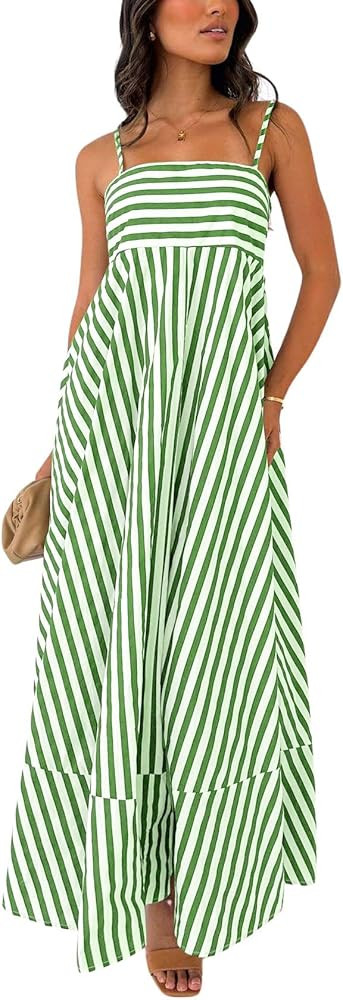 chouyatou Women's Striped Back Smocked Maxi Dress Sexy Spaghetti Strap Ruffle Hem Bohemian Flowy ... | Amazon (US)