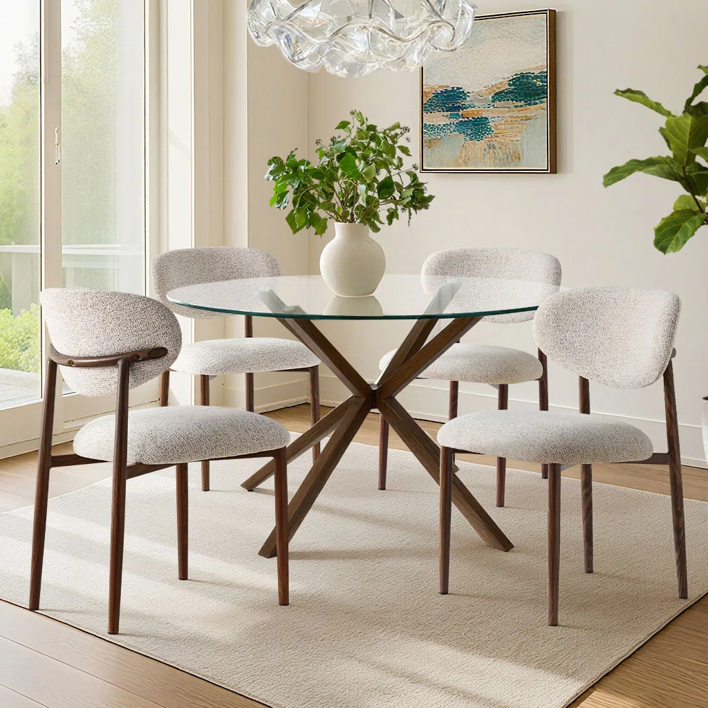 5 Piece Round Glass Dining Set With Walnut-Finished Table And 4 Upholstered Side Chairs | Wayfair North America