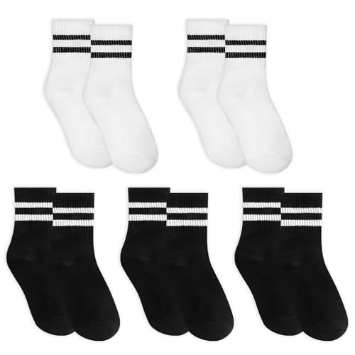 5 Pairs Solid Color Two Stripe Crew Socks Cotton Cushioned Striped Crew Socks Casual Athletic Socks Sports Vintage Retro Running Socks For Men Women Teens Girls | Amazon (US)
