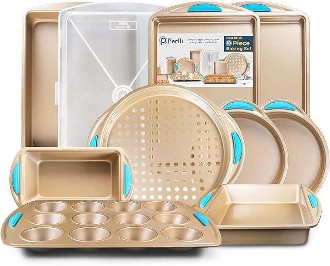 Perlli Baking Pan 10 Piece Set Nonstick Gold Steel Oven Bakeware Kitchen Set with Silicone Handle... | Amazon (US)