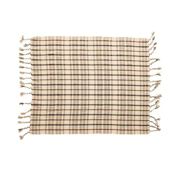 Woven Recycled Cotton Blend Plaid Throw with Tassels, Charcoal Color & Brown | Bed Bath & Beyond