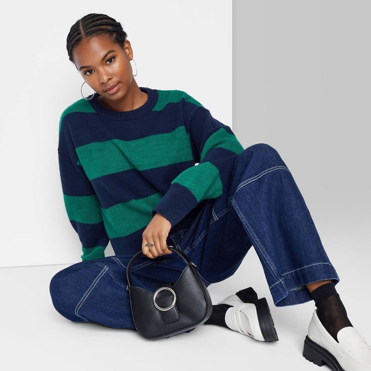 Women&#39;s Crewneck Tunic Pullover Sweater - Wild Fable&#8482; Dark Teal Green Striped S | Target