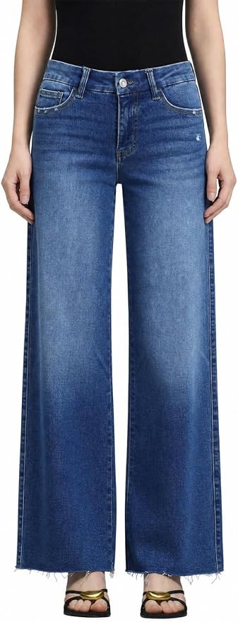 ONESO Wide Leg Jeans for Women Mid Rise High Stretchy Baggy Jeans Distressed Pants Loose Denim | Amazon (US)