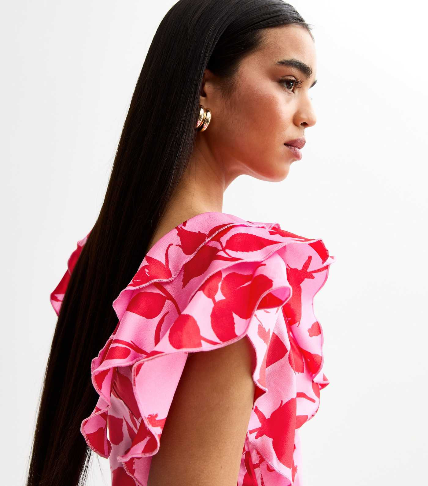 Pink Satin Floral print Ruffle Trim Midi Dress | New Look | New Look (UK)