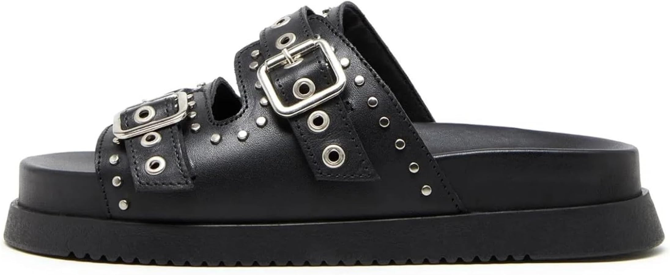 Womens Flat Slide Sandals Double Strap Adjustable Buckle Slip on Slides Shoes Stud Flatform Sanda... | Amazon (US)