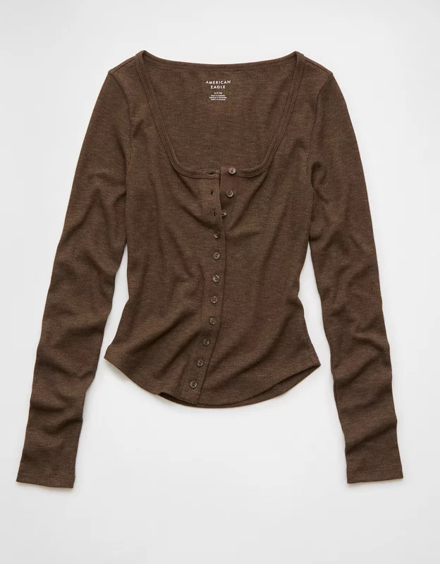 AE Waffle Long Sleeve Button-Up Tee | American Eagle Outfitters (US & CA)