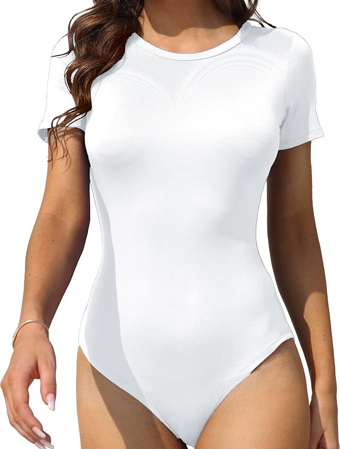 LAOLASI Women's Crew Neck Short Sleeves Slim Fit Casual Basic Extender Bodysuit Daily Jumpsuit T ... | Amazon (US)