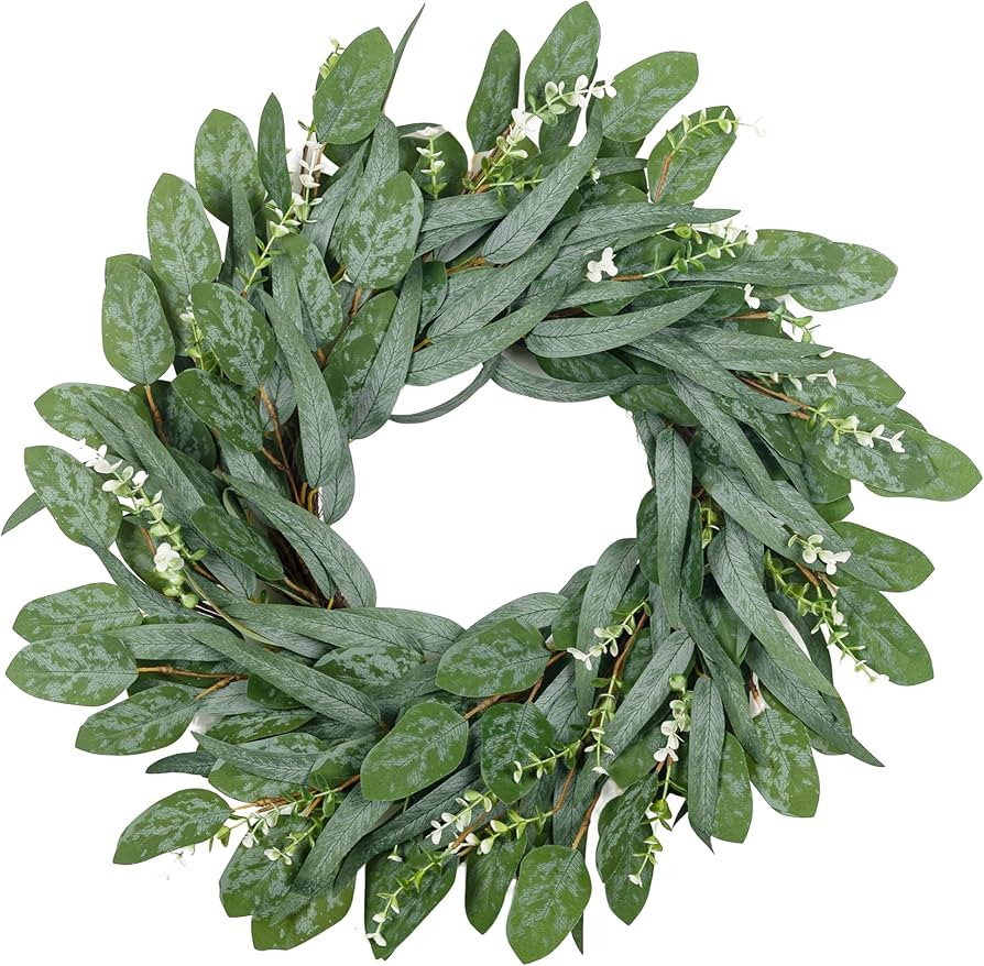 24" Spring Wreaths for Front Door Artificial Green Long Assorted Eucalyptus Leaves, White Berries... | Amazon (US)