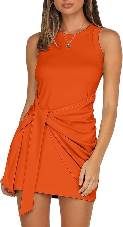 LIYOHON Women's Summer Short Dress Casual Crewneck Sleeveless Solid Color Ruched Tie Waist Bodyco... | Amazon (US)