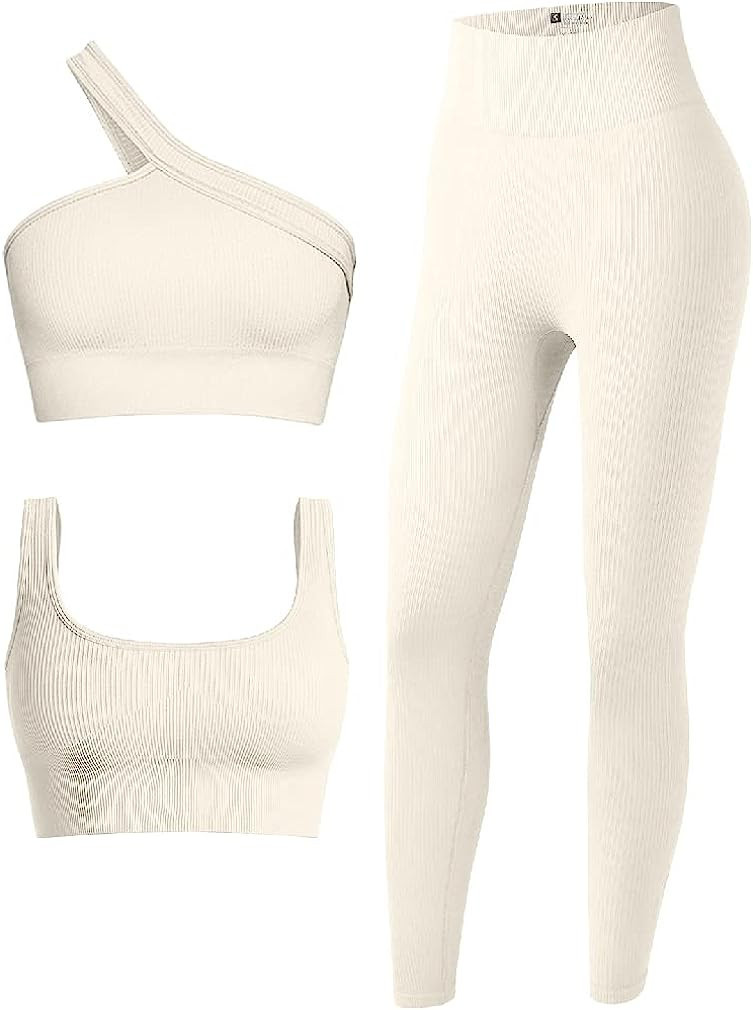OQQ Women's 3 Piece Outfits Ribbed Seamless Exercise Scoop Neck Sports Bra One Shoulder Tops High... | Amazon (US)