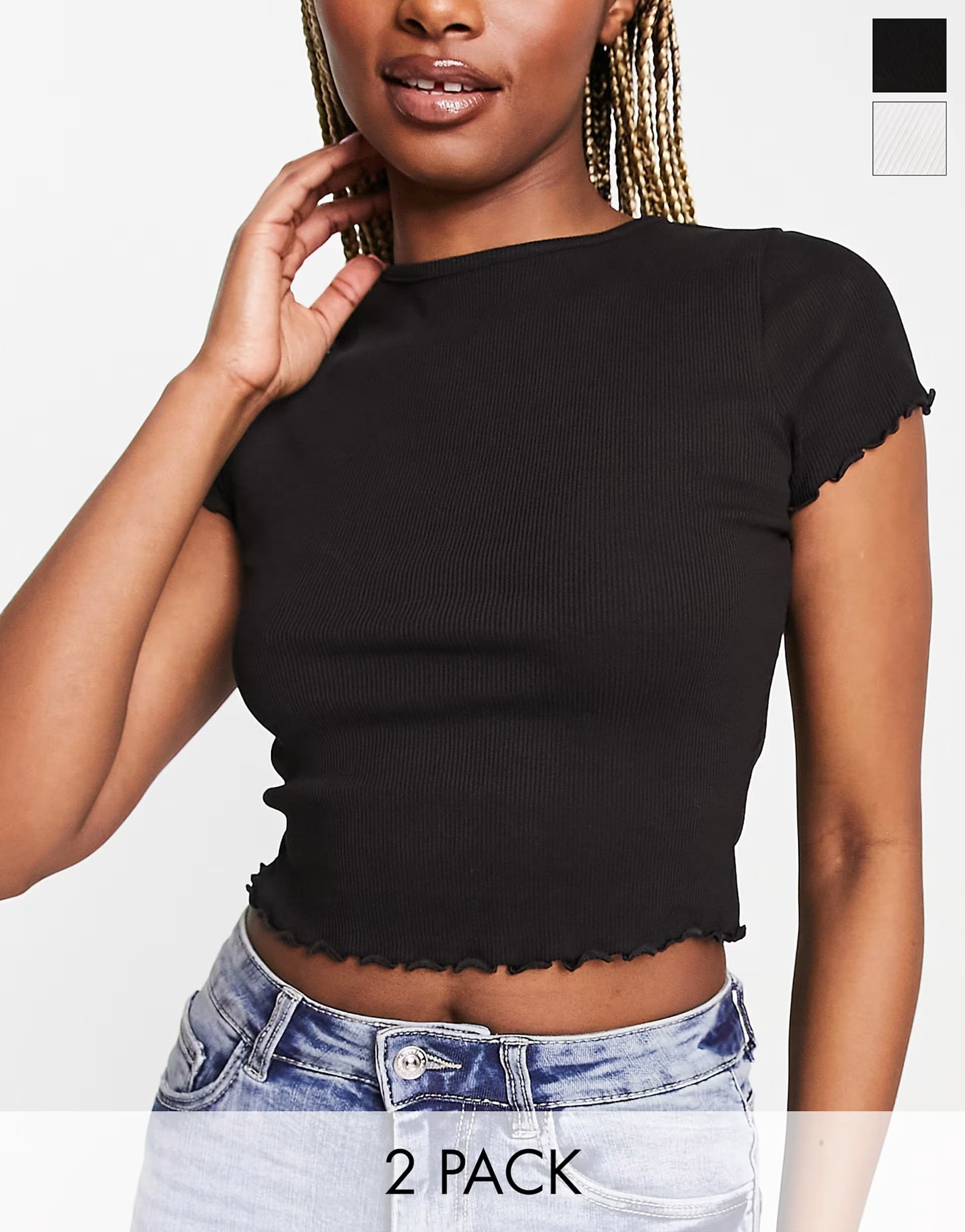 Miss Selfridge 2 pack lettuce edge tee in black and white | ASOS (Global)