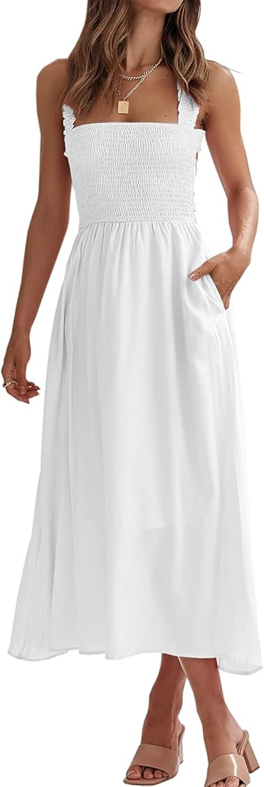 Pepochic Women's Square Neck Tie Back Midi Dress Criss Cross Straps A Line Smocked Sleeveless Dre... | Amazon (US)