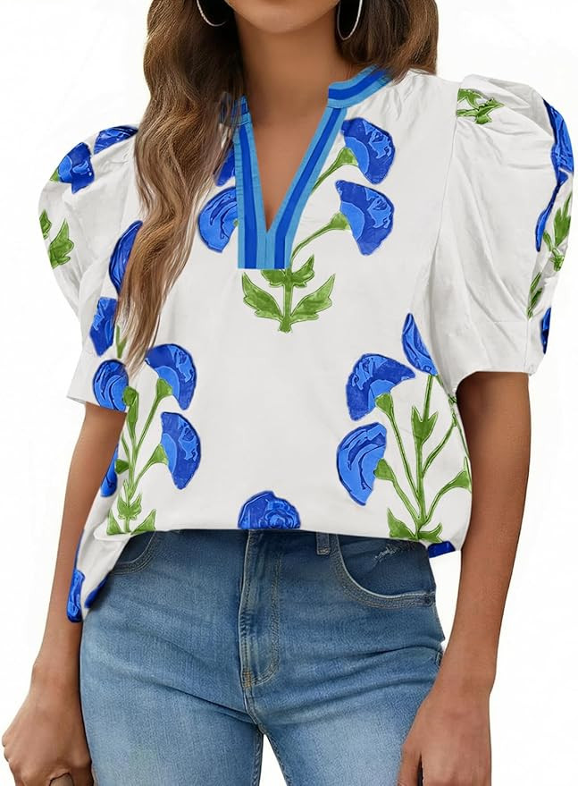 Cicy Bell Womens Puff Sleeve Floral Tops Summer Casual Dressy Blouses V Neck Print Boutique Shirt... | Amazon (US)