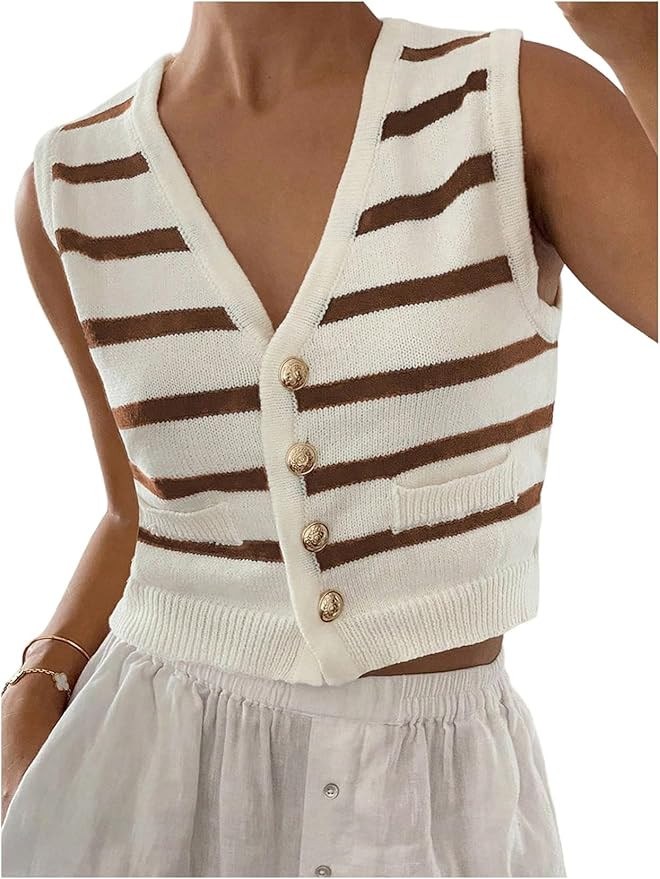 GORGLITTER Women's Striped Button Up Cropped Sweater Vest Sleeveless V Neck Boho Knitted Tank Top... | Amazon (US)