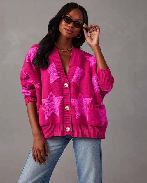 Chasing The Stars Pocketed Oversized Cardigan - Fuchsia | VICI
