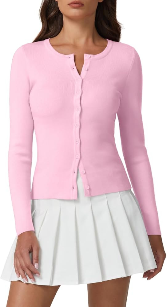 QINSEN Womens Long Sleeve Crewneck Cardigan Sweater Lightweight Button Down Knit Tops Outerwear | Amazon (US)