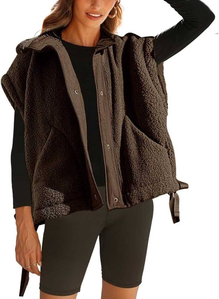 Women's Oversized Fleece Vest Casual Sleeveless Fuzzy Sherpa Jacket Winter Warm Button Down Outer... | Amazon (US)
