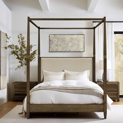 Queen Canopy Bed Frame - Brown Solid Wood And Plywood Upholstered Headboard Veneer Foot Board 100% Upholstery Slat Foundation | Wayfair North America