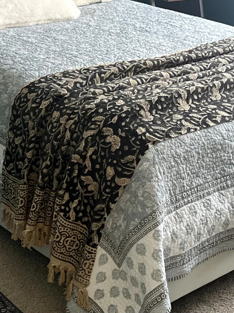Block Print Throw Blanket With Tassels Handmade Throw Blanket Couch Sofa Throw Boho Blanket for B... | Etsy (US)