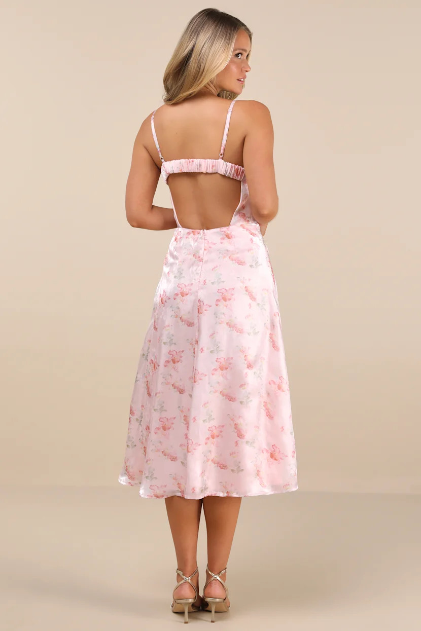 Selini Blush Pink Floral Satin Bustier Backless Midi Dress | Lulus