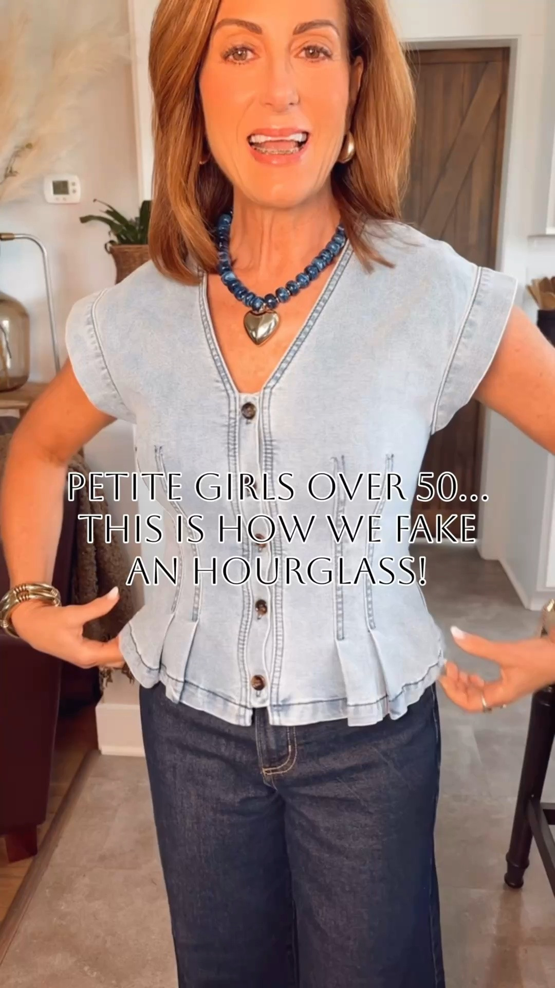 Petite girls know the struggle, one wrong top and suddenly we’re built like a rectangle. 
This denim peplum top pulls your waist in, balances proportions, and gives that hourglass illusion without trying too hard.
Pair with a wide leg pair of pants for the win.
I’d suggest sizing up one in the top.
Available in multiple washes and on sale🙌

#LTKSaleAlert