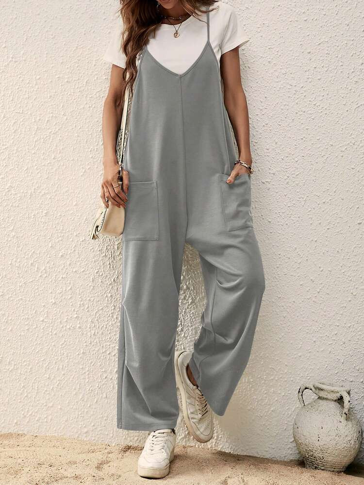 SHEIN LUNE Solid Dual Pocket Cami Jumpsuit Without Tee | SHEIN