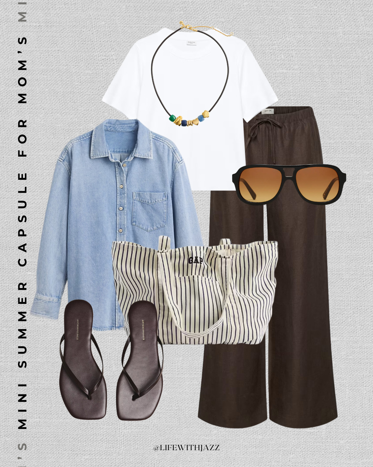casual summer mom outfit

minimal style / summer style / aritzia lodge linen pants / denim shirt / gap striped tote bag / chocolate brown flip flops / Madewell sunglasses

#LTKootd #LTKmomlife